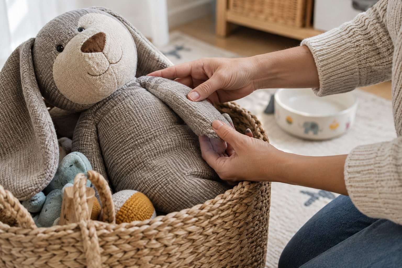 Una adulta comprueba la costura de un peluche grande antes de elegir materiales de juego.